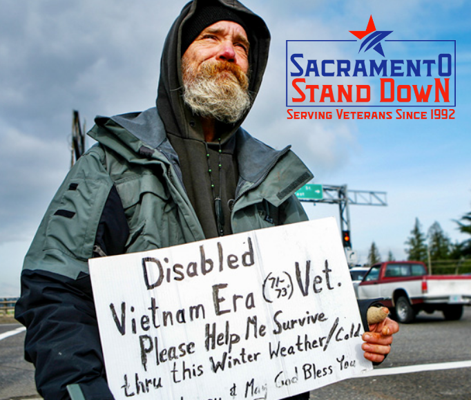 Sacramento Stand Down badge used to promote volunteer and donation opportunities.