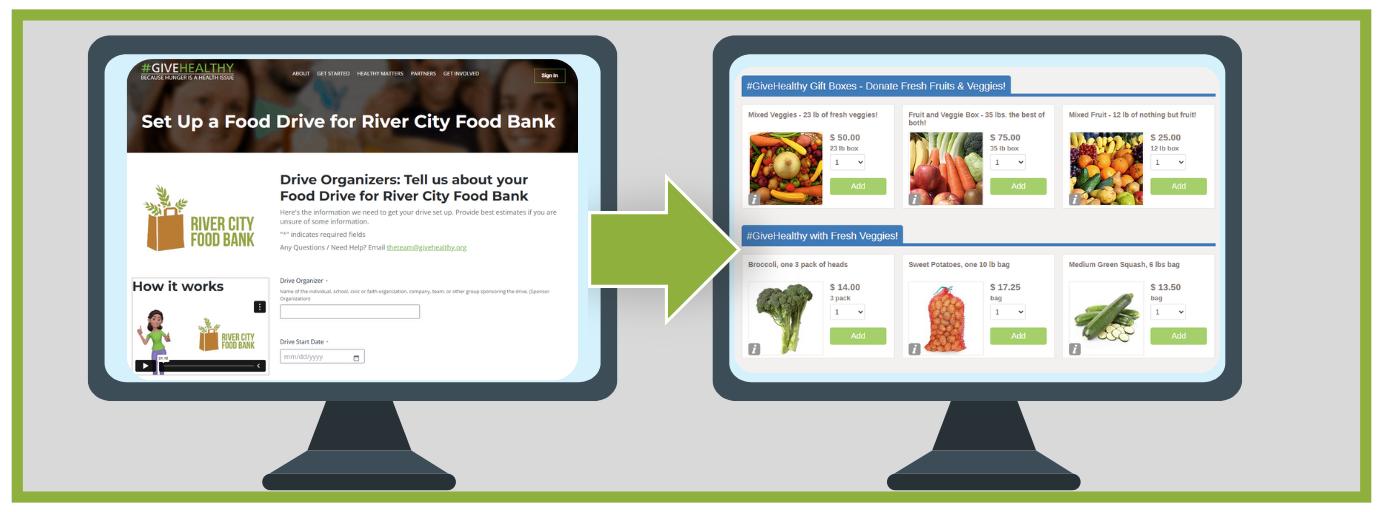 Give Healthy virtual food drive graphics encouraging nutritious donations.